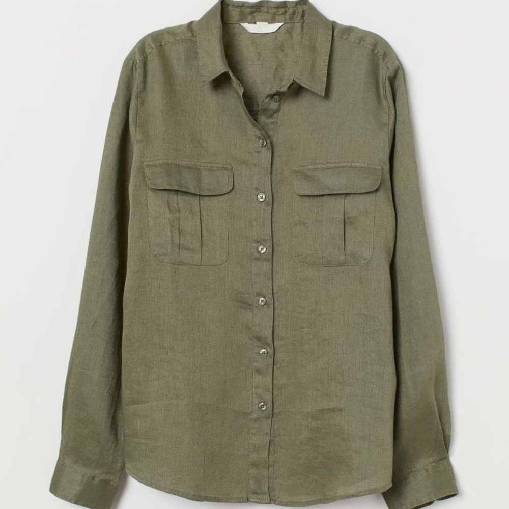 H&M Linen Olive Long-Sleeve Blouse Sz 2